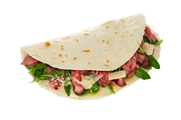 La Piadina Correggio con Roast-beef, rucola, scaglie di grana e olio EVO