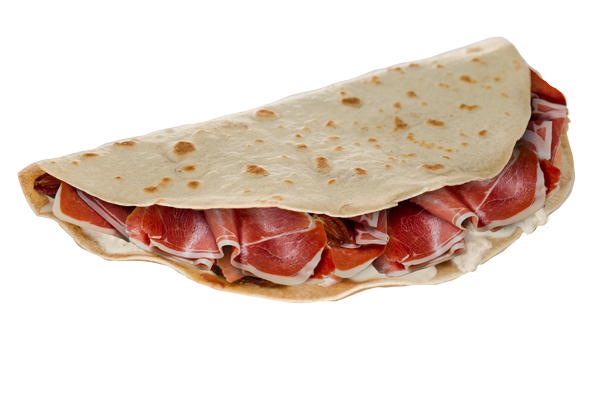 La Piadina Riccione con Prosciutto di Parma, stracciatella, pomodori secchi, origano